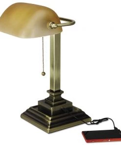 Alera ALELMP517AB Traditional Banker's Lamp W/usb, 16-inhigh, Amber Glass Shade W/antique Brass Base