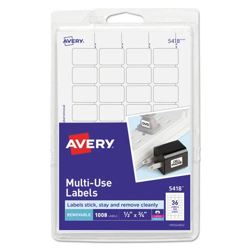 Avery 05418 0.5 In. X 0.75 In. Removable Multi-Use Labels For Inkjet/Laser Printers - White (36-Piece/Sheet 28-Sheets/Pack)