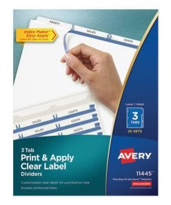 Avery 11445 3 White Tabs Letter Print And Apply Index Maker Label Dividers - Clear (25 Sets/Box)