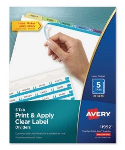 Avery 11992 Index Maker 5-Color Tab Letter-Size Print And Apply Label Dividers - Clear (25-Set/Box)