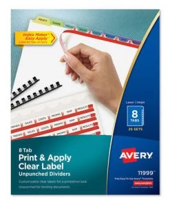 Avery 11999 Index Maker 8-Tab Letter-Size Print And Apply Label Unpunched Dividers - Clear (25-Set/Box)