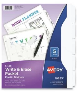 Avery 16825 Five-Tab Write And Erase Pocket Plastic Dividers - White (1 Set)