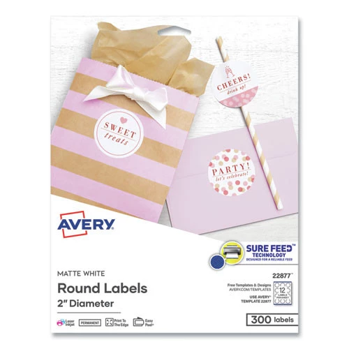 Avery 22877 2 In. Dia. Round Print-to-the-Edge Labels With SureFeed And EasyPeel - Matte White (300-Piece/Pack)