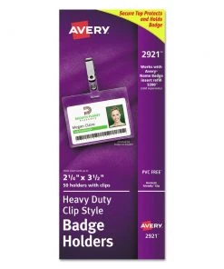 Avery 02921 Secure Top Heavy-Duty 2-1/4 In. X 3-1/2 In. Landscape Clip Style Badge Holders - Clear (50-Piece/Box)