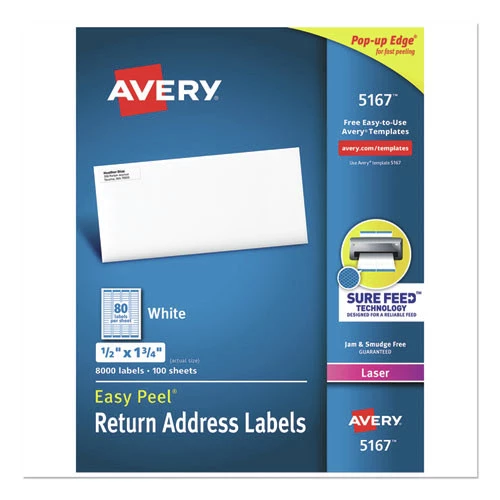 Avery 05167 0.5 In. X 1.75 In. Easy Peel Address Labels With Sure Feed Technology - White (100 Sheets/Box, 80/Sheet)