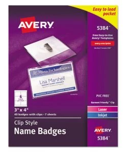 Avery 05384 4 In. X 3 In. Top Load Clip-Style Name Badge Holder With Laser/Inkjet Insert - White (40-Piece/Box)