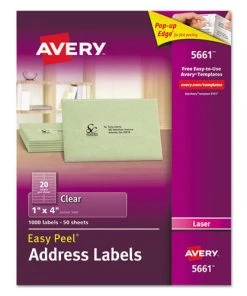 Avery 05661 Easy Peel 1 In. X 4 In. Mailing Labels With Sure Feed - Matte Clear (20-Piece/Sheet, 50 Sheets/Box)