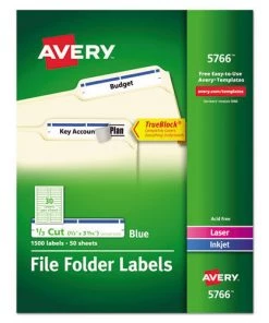Avery 05766 TrueBlock 0.66 In. X 3.44 In. Permanent Adhesive File Folder Labels - White/Blue (30-Piece/Sheet, 50 Sheets/Box)