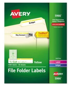 Avery 05966 TrueBlock 0.66 In. X 3.44 In. Permanent Adhesive File Folder Labels - White/Yellow (30-Piece/Sheet, 50 Sheets/Box)