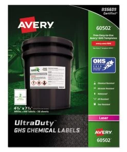 Avery 60502 UltraDuty GHS Chemical 4.75 In. X 7.75 In. Waterproof And UV Resistant Labels - White (50-Sheet/Box 2-Piece/Sheet)