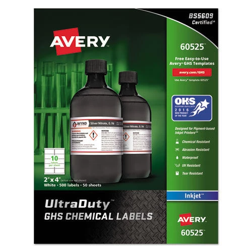 Avery 60525 UltraDuty GHS Chemical 2 In. X 4 In. Waterproof And UV Resistant Labels - White (50-Sheet/Pack 10-Pc./Sheet)