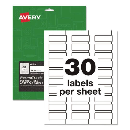 Avery 60531 PermaTrack 0.75 In. X 2 In. Laser Printers Destructible Asset Tag Labels - White (30/Sheet 8 Sheets/Pack)