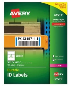 Avery 61531 Durable Laser Printer 3.25 In. X 8.38 In. Permanent ID Labels With TrueBlock Technology - White (3-Piece/Sheet 50-Sheet/Pack)