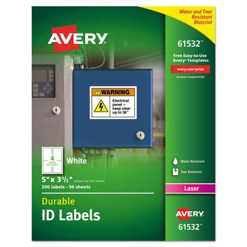 Avery 61532 Durable Laser Printer 3.5 In. X 5 In. Permanent ID Labels With TrueBlock Technology - White (4-Piece/Sheet 50-Sheet/Pack)