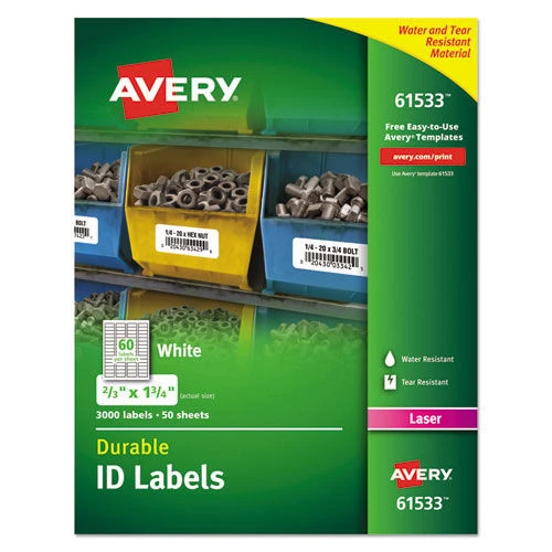 Avery 61533 Durable 0.66 In. X 1.75 In. Permanent ID Labels With TrueBlock Technology - White (50 Sheets/Pack, 60/Sheet)