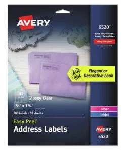 Avery 06520 Easy Peel 0.66 In. X 1.75 In. Mailing Labels With Sure Feed Technology - Glossy Clear (10 Sheets/Pack, 60/Sheet)