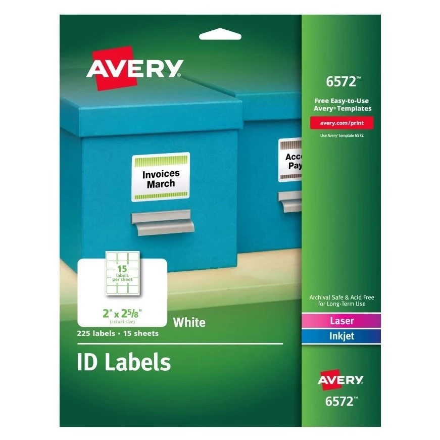 Avery 06572 2 In. X 2.63 In. Permanent ID Labels With Sure Feed Technology For Inkjet/Laser Printers - White (15 Sheets/Pack, 15/Sheet)