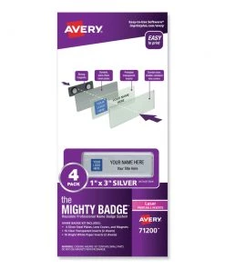Avery 71200 The Mighty Badge 1 In. X 3 In. Laser Printable Inserts Reusable Professional Name Badge System - Silver (4/Pack)