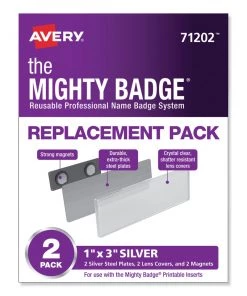 Avery 71202 The Mighty Badge 1 In. X 3 In. Reusable Professional Name Badge System Replacement Pack - Silver (2/Pack)