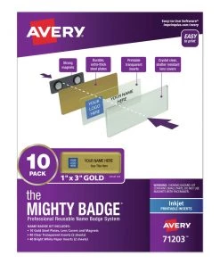 Avery 71203 The Mighty Badge 1 In. X 3 In. Inkjet Printable Inserts Reusable Professional Name Badge System - Gold (10/Pack)