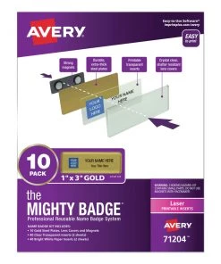 Avery 71204 The Mighty Badge 1 In. X 3 In. Magnetic Name Badge Holder Kit - Gold/Clear (10/Pack)