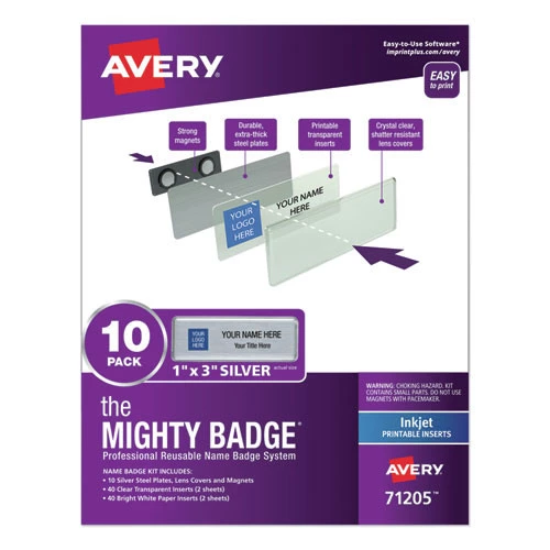 Avery 71205 The Mighty Badge 1 In. X 3 In. Magnetic Name Badge Holder Kit - Silver/Clear (10/Pack)