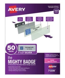 Avery 71208 The Mighty Badge 1 In. X 3 In. Laser Professional Reusable Name Badge - Silver (50/Pack)