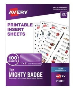 Avery 71209 The Mighty Badge 1 In. X 3 In. Inkjet Name Badge Inserts - Clear (5 Sheets/Pack, 20/Sheet)