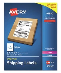 Avery 95930 5.5 In. X 8.5 In. Shipping Labels Bulk Packs For Inkjet/Laser Printers - White (2-Piece/Sheet 250 Sheets/Box)