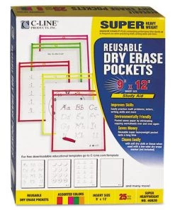 C-Line 40820 9 In. X 12 In. Reusable Dry Erase Pockets - Assorted Neon Colors (25/Box)