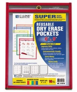 C-Line 41610 6 In. X 9 In. Reusable Dry Erase Pockets - Assorted Primary Colors (10/Pack)