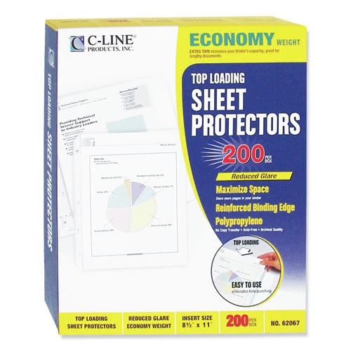 C-Line 62067 11 In. X 8-1/2 In. 2 In. Economy Weight Poly Sheet Protectors - Reduced Glare (200/Box)
