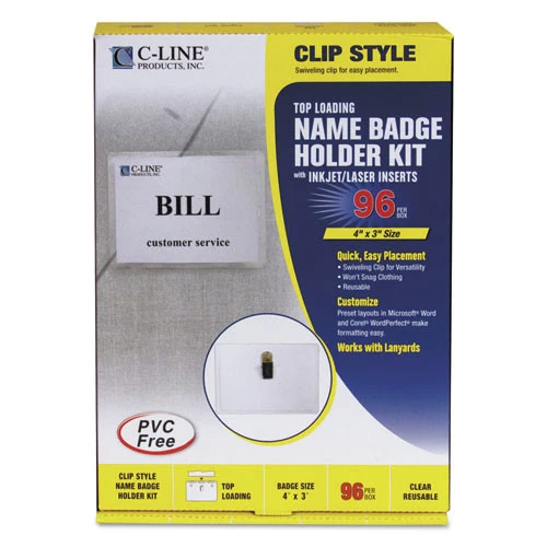 C-Line 95596 4 In. X 3 In. Top Load, Clip Style, Name Badge Kits - Clear (96/Box)