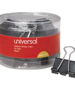 Universal UNV11124 Binder Clips In Dispenser Tub - Medium, Black/Silver (24/Pack)