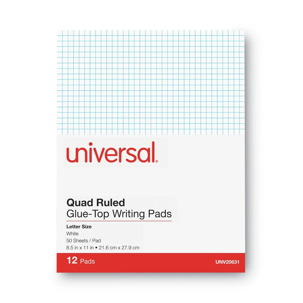 Universal UNV20631 50-Sheet Quadrille-Rule 4 Sq-in. 8.5 In. X 11 In. Glue Top Pads - White (12-Piece)