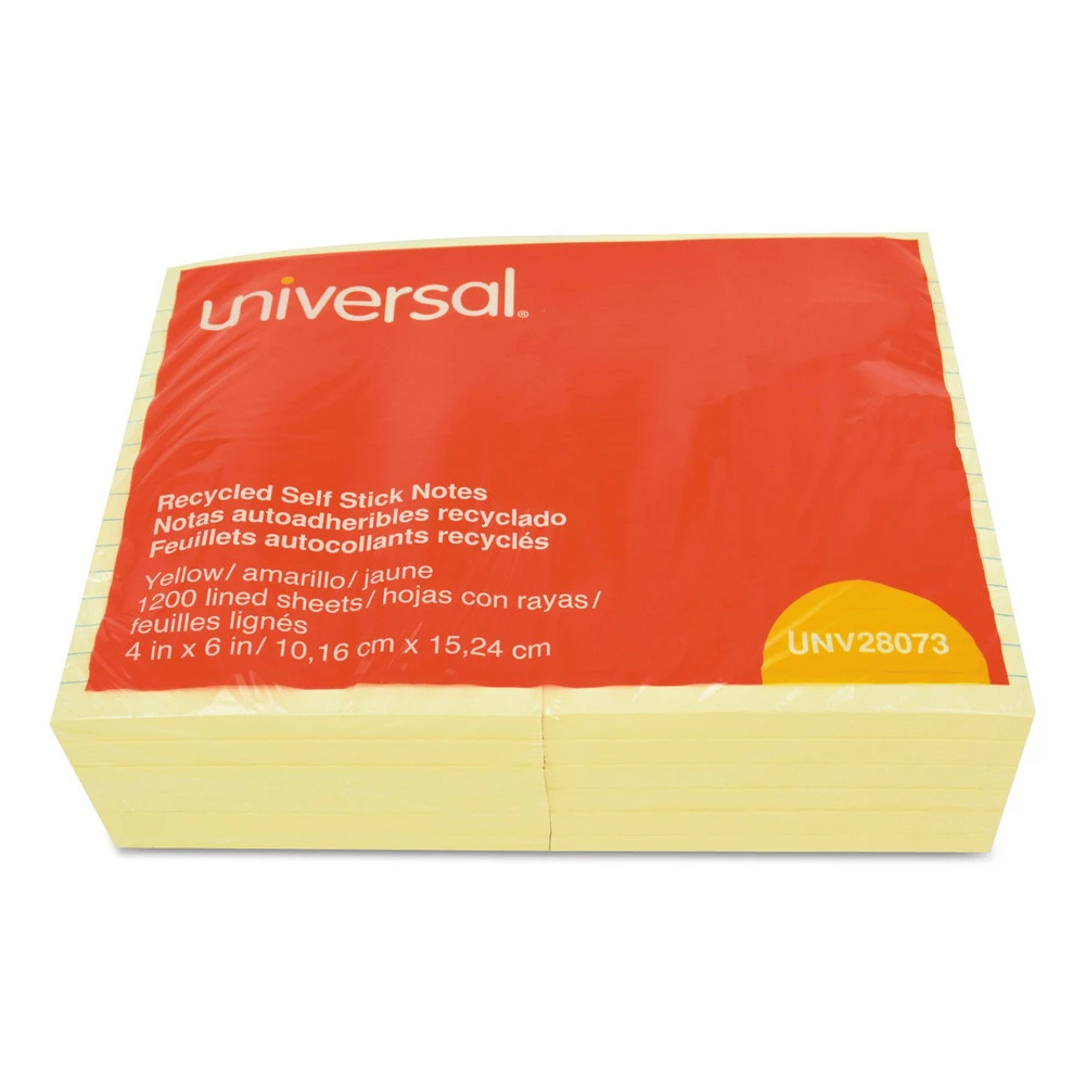 Universal UNV28073 100-Sheet Recycled Lined Self-Stick 4 In. X 6 In. Note Pads - Yellow (12/Pack)