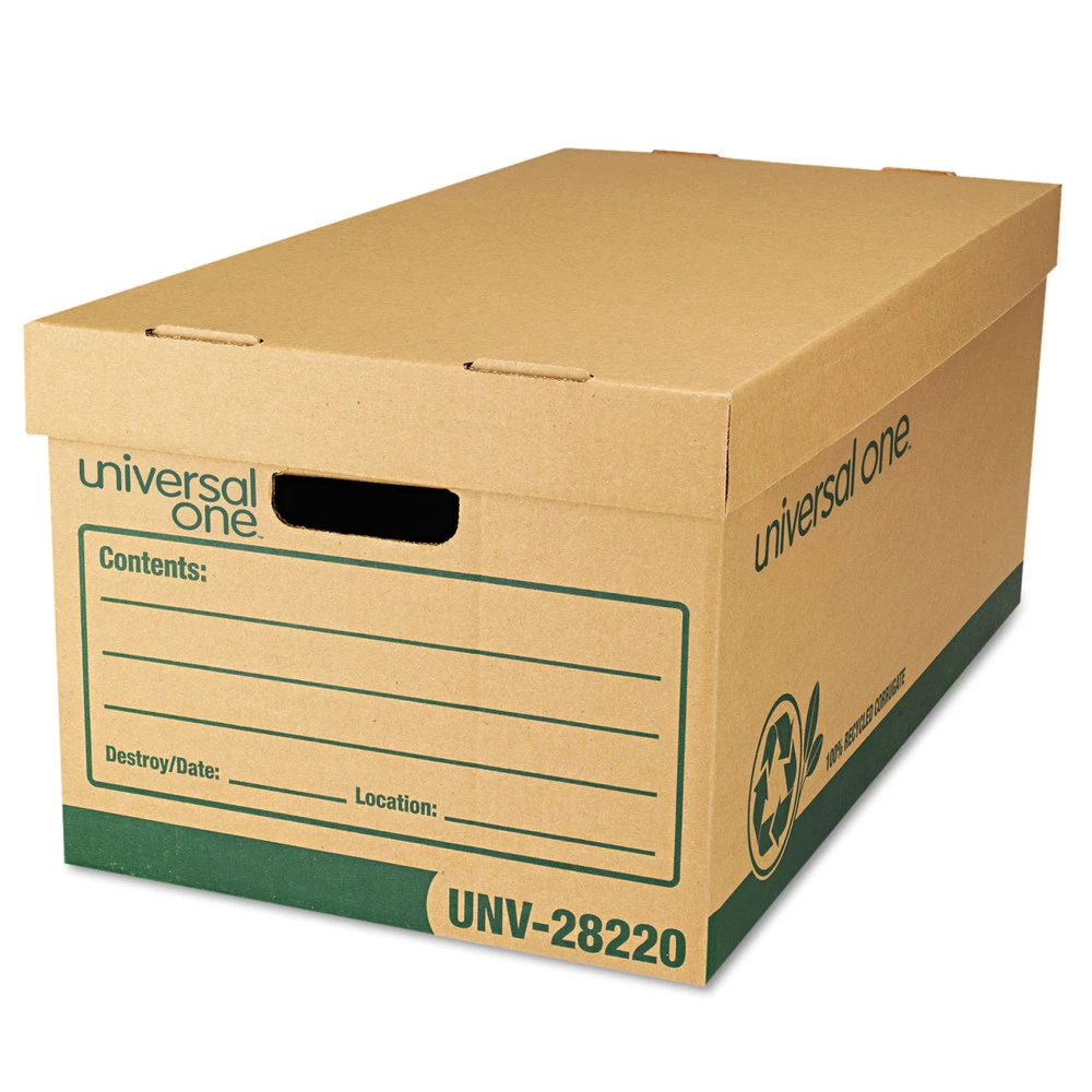 Universal 9523301 Recycled Heavy-Duty Record Storage Box - Letter, Kraft/Green (12/Carton)