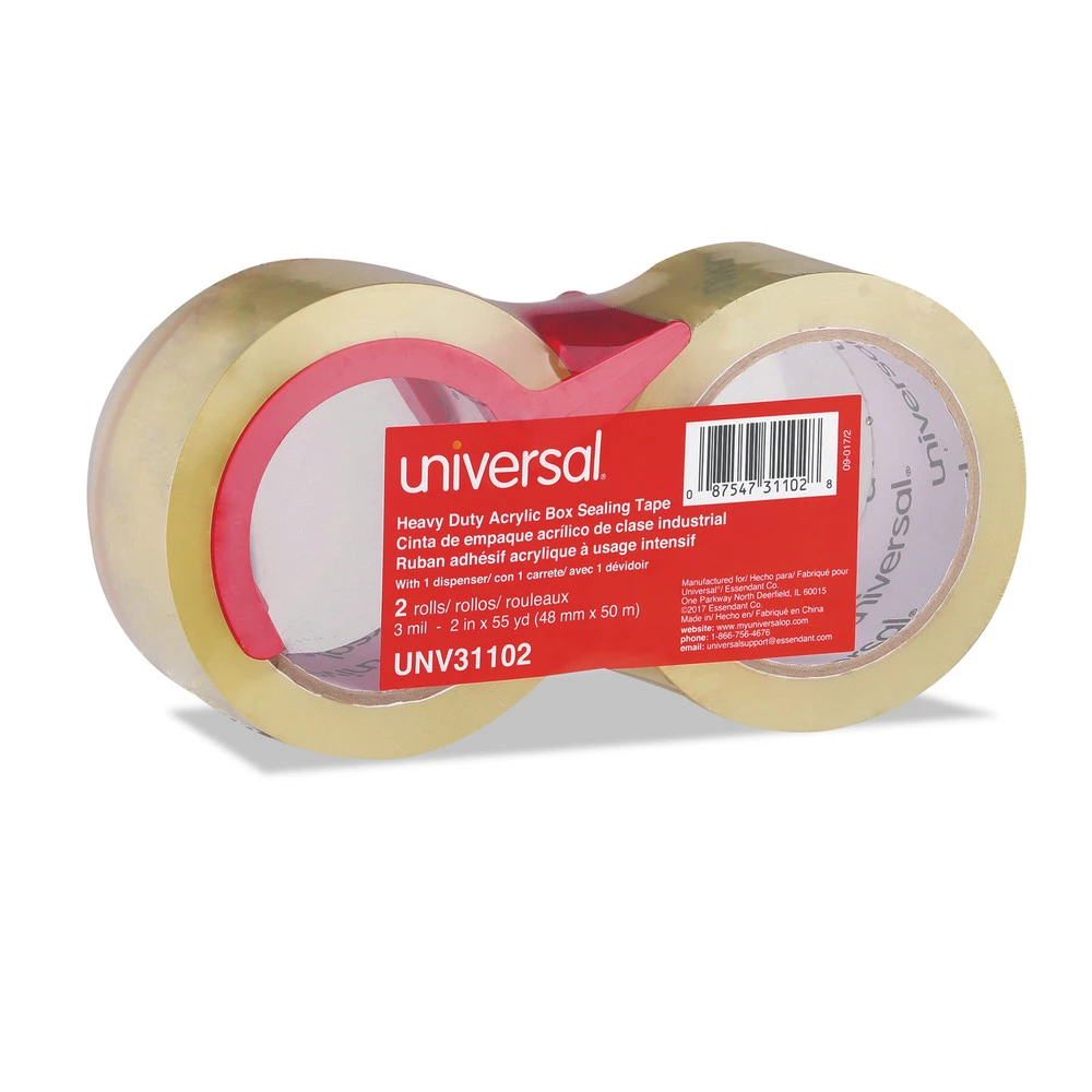 Universal UNV31102 3 In. Core 1.88 In. X 54.6 Yards Heavy-Duty Acrylic Box Sealing Tape With Dispenser - Clear (2/Pack)