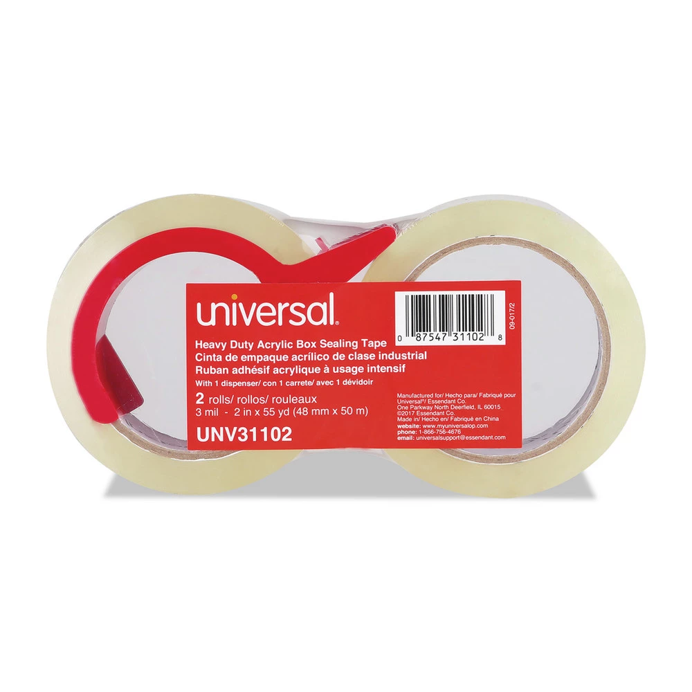 Universal UNV31102 3 In. Core 1.88 In. X 54.6 Yards Heavy-Duty Acrylic Box Sealing Tape With Dispenser - Clear (2/Pack) - Image 2