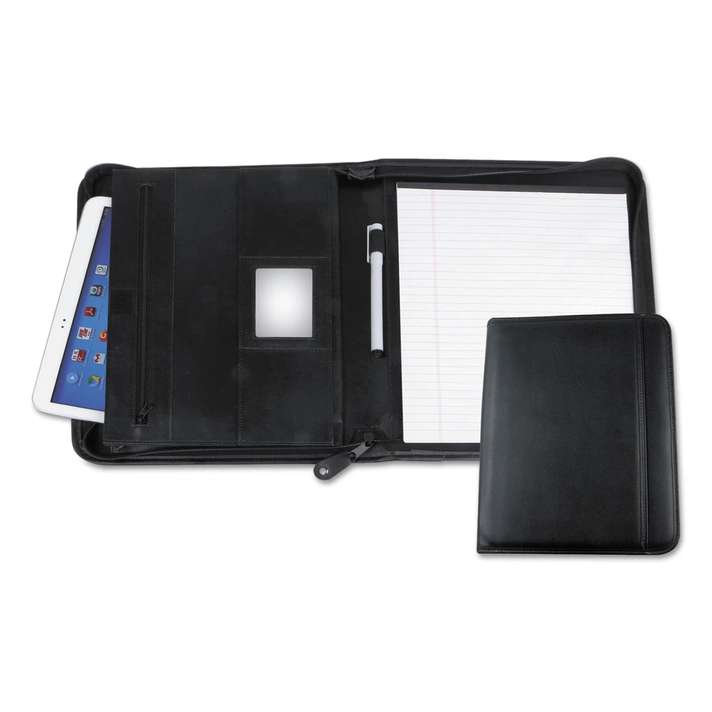 Universal UNV32665 10-3/4 In. X 13-1/8 In., Leather Textured Zippered PadFolio With Tablet Pocket - Black