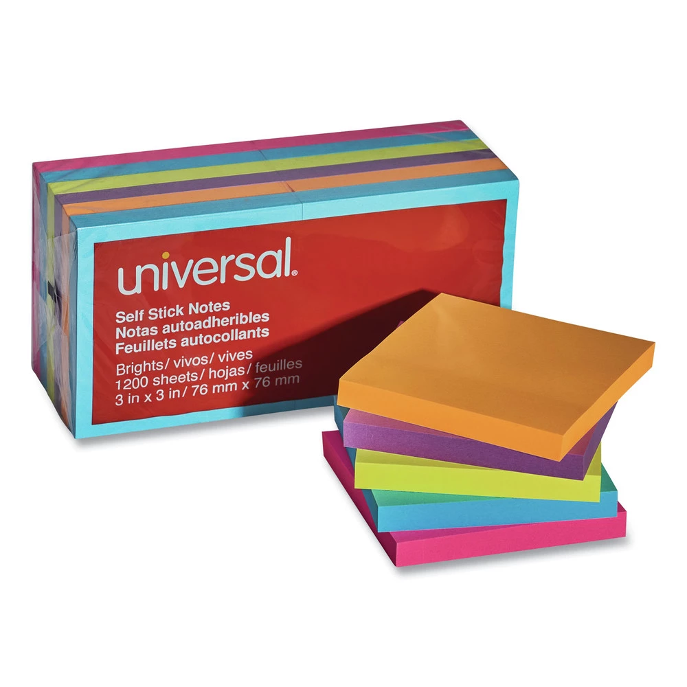 Universal UNV35610 100-Sheet 3 In. X 3 In. Self-Stick Note Pads - Assorted Bright Colors (12-Piece/Pack)