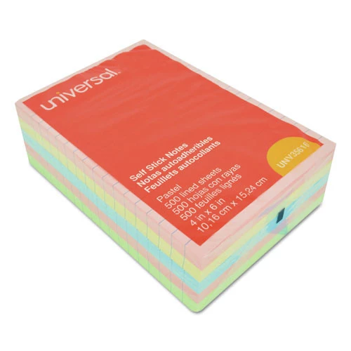 Universal UNV35616 100-Sheet Lined 4 In. X 6 In. Self-Stick Note Pads - Assorted Pastel Colors (5-Piece/Pack) - Image 2