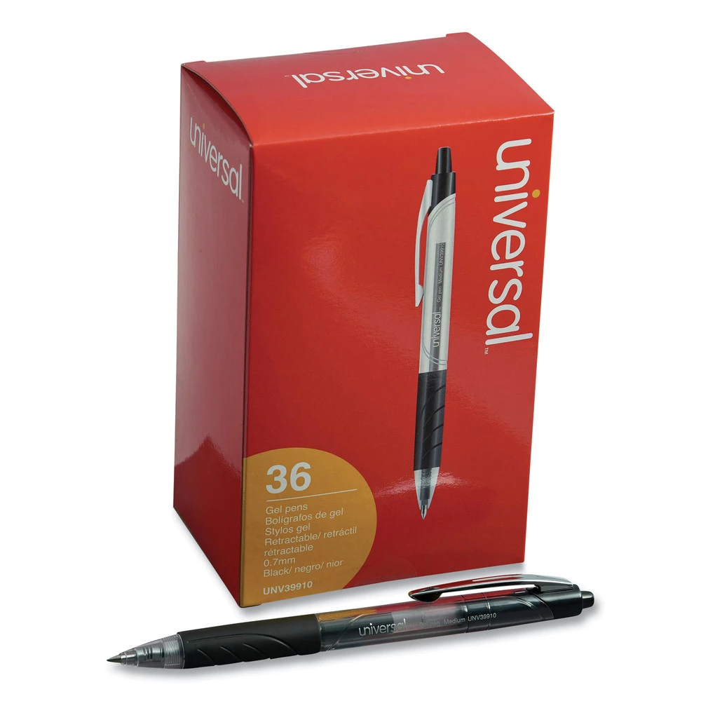 Universal UNV39910 Medium 0.7 Mm, Retractable, Comfort Grip Gel Pen - Black Ink/Clear (36/Pack)