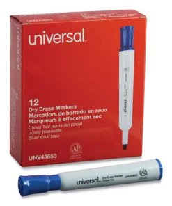 Universal UNV43653 Broad Chisel Tip Dry Erase Marker - Blue (1 Dozen)