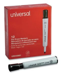 Universal UNV43681 Medium Bullet Tip Dry Erase Marker - Black (12-Piece)