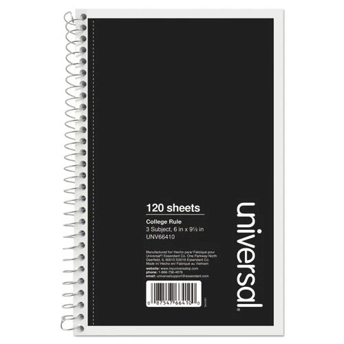 Universal UNV66410 Wirebound Medium/College Rule 3-Subject 9.5 In. X 6 In. 120-Sheet Notebook - Black