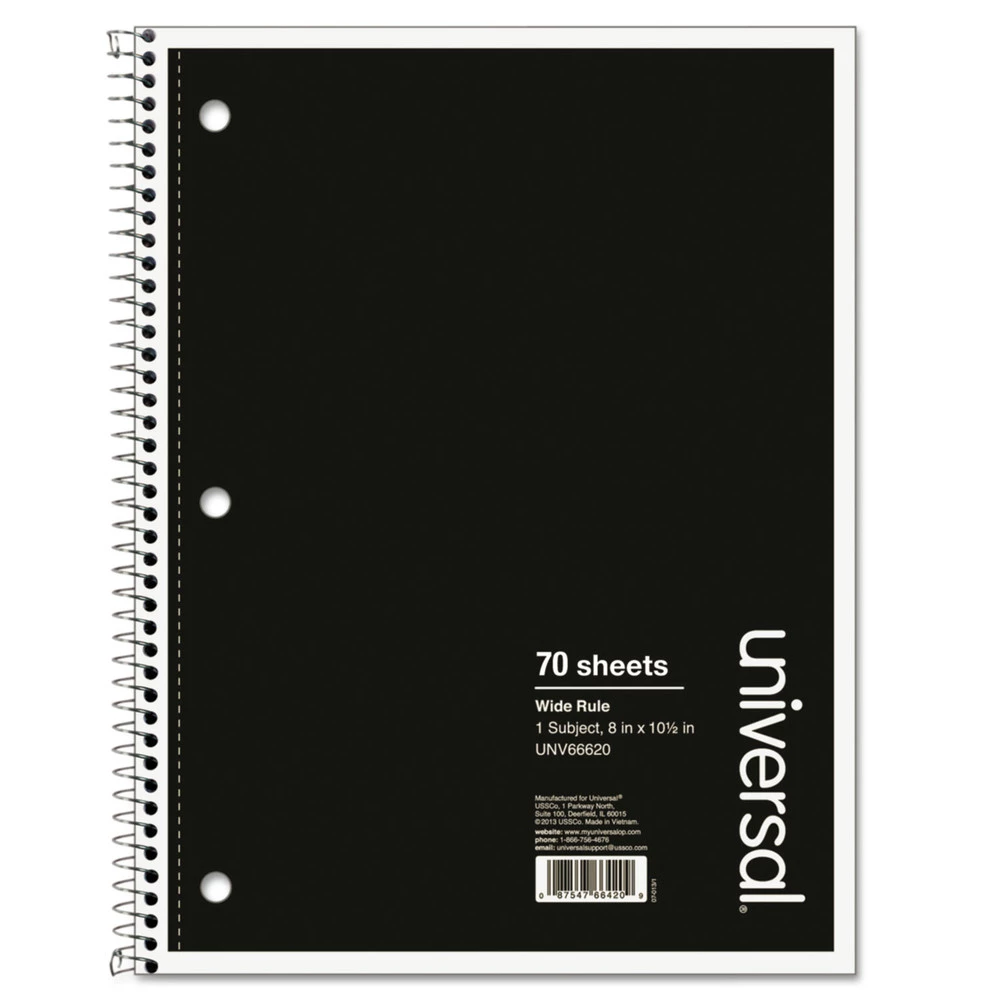 Universal UNV66620 70 Sheets 10.5 In. X 8 In., 1 Subject, Wide/Legal Rule, Wirebound Notebook - Black Cover