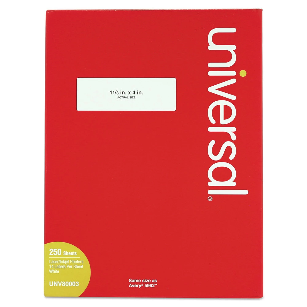Universal UNV80003 Inkjet/Laser 1.33 In. X 4 In. Labels - White (250 Sheets/Box, 14/Sheet)