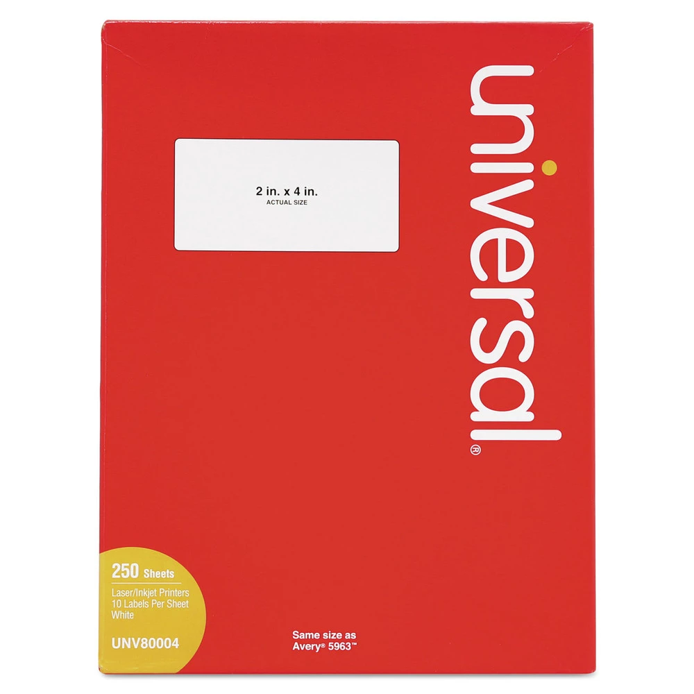 Universal UNV80004 Inkjet/Laser 2 In. X 4 In. Labels - White (250 Sheets/Box, 10/Sheet)