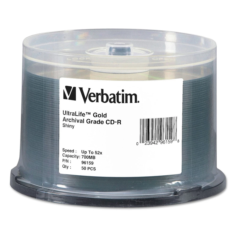 Verbatim 96159 700 MB/80 Min 52x Archival Grade CD-R Recordable Disc In Spindle - Gold (50/Pack)